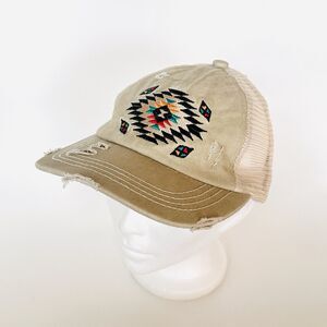 CC Aztec Embroidered Mesh Criss Cross Ponytail Baseball Cap Distressed Hat
